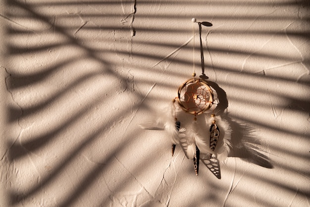Front view of feathered dreamcatcher in the shadows