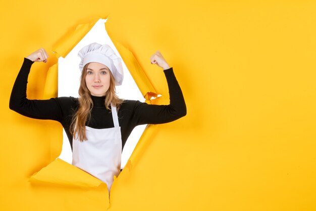 正面図黄色の感情の色の紙の仕事の料理の太陽の食べ物の写真の女性料理人