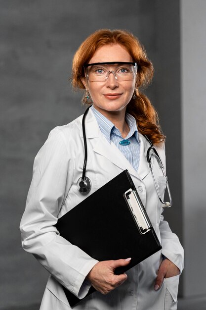 Front view of female doctor holding clipboard and wearing glasses