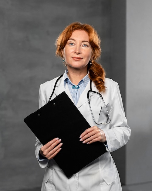 Front view of female doctor holding clipboard