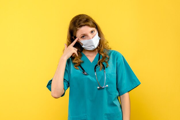 Front view female doctor in mask on a yellow space