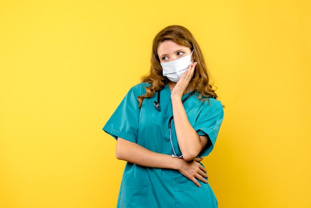 Front view female doctor in mask on a yellow space