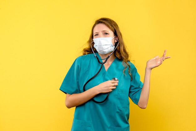 Front view of female doctor in mask on yellow wall