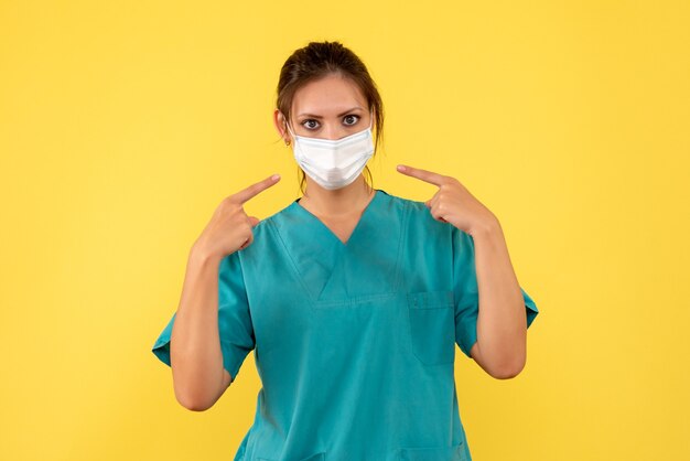 Front view female doctor in medical shirt and mask on yellow background