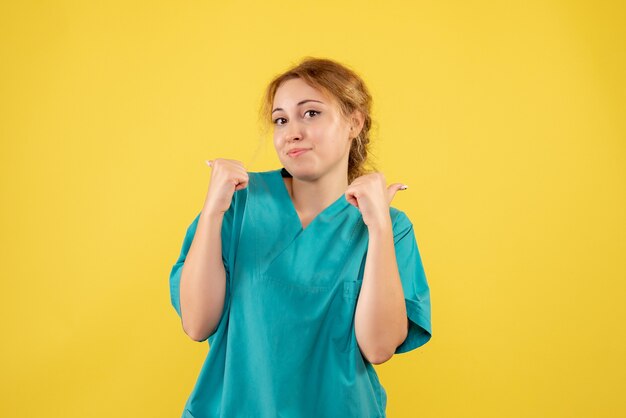 Front view female doctor in medical shirt, medic color emotions covid-19 health