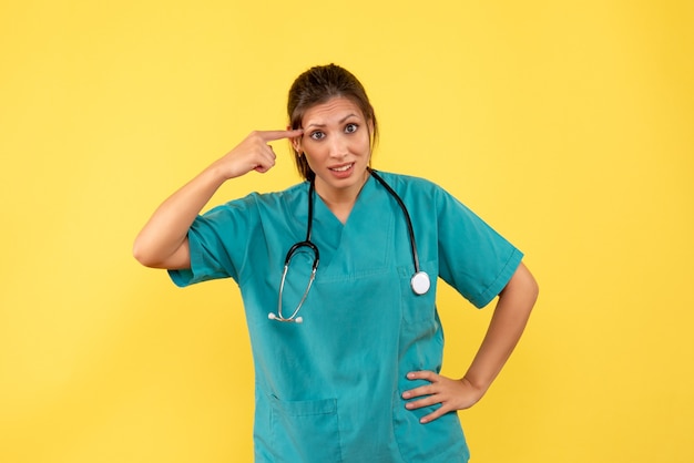 Front view female doctor in medical shirt on yellow background