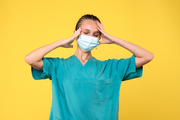 Front view of female doctor in medical suit and sterile mask on a yellow wall