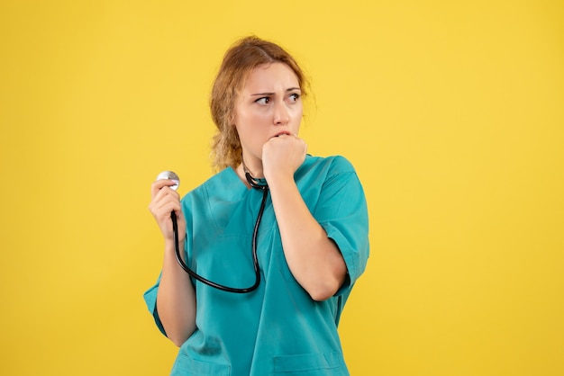 Front view of female doctor in medical suit with stethoscope scared on yellow wall