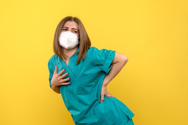 Front view female doctor posing on yellow space