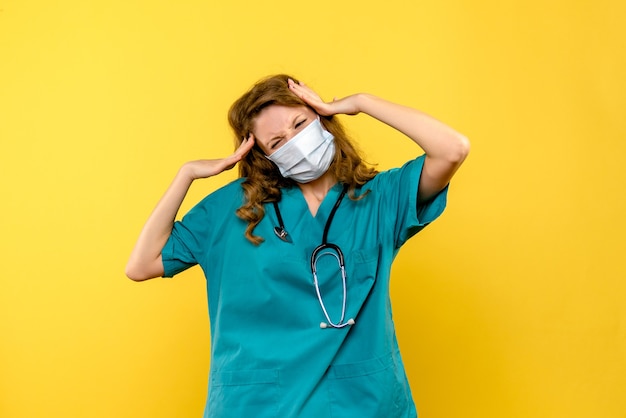 Front view of female doctor stressed in mask on yellow wall