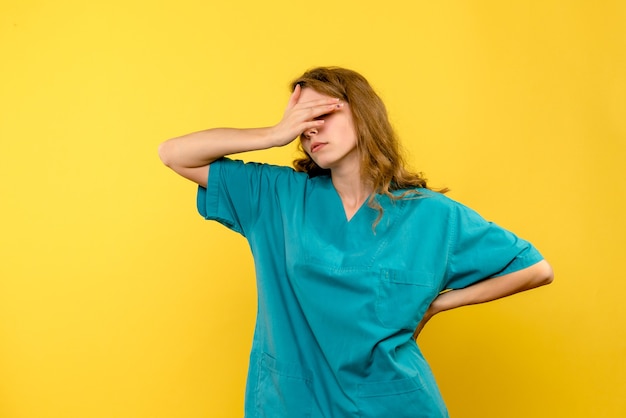 Front view of female doctor stressed on yellow wall