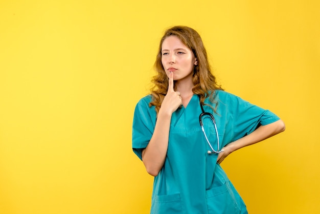Front view of female doctor thinking on yellow wall
