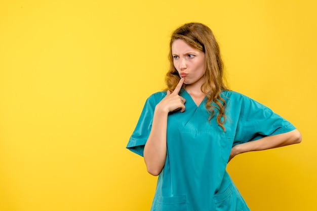 Front view of female doctor thinking on yellow wall