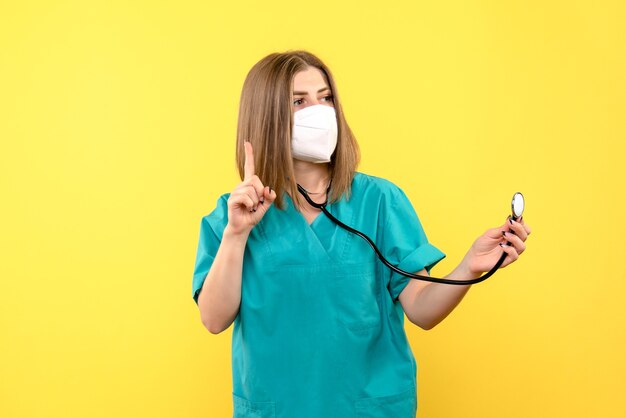 Front view female doctor wearing mask on yellow space