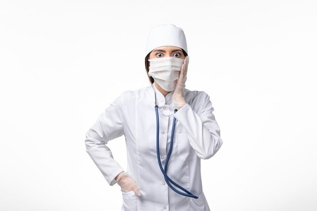 コロナウイルスによるマスク付きの白い無菌医療スーツを着た正面図の女性医師が、白い壁の病気の病気のパンデミックウイルスにショックを受けた。