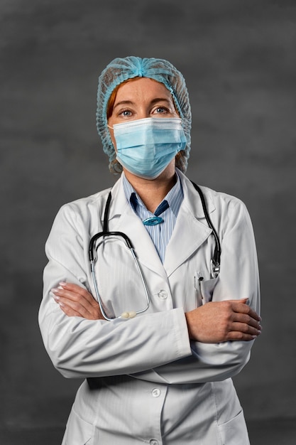 Вид спереди женщины-врача с медицинской маской и сеткой для волос, позирующей со скрещенными руками