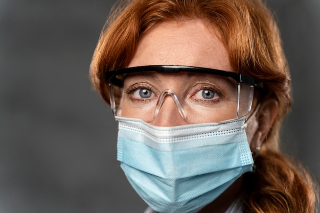 Foto gratuita vista frontale della dottoressa con maschera medica e occhiali di sicurezza