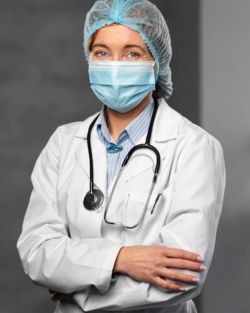 의료 마스크, 청진 기 및 헤어 넷 여성 의사의 전면보기