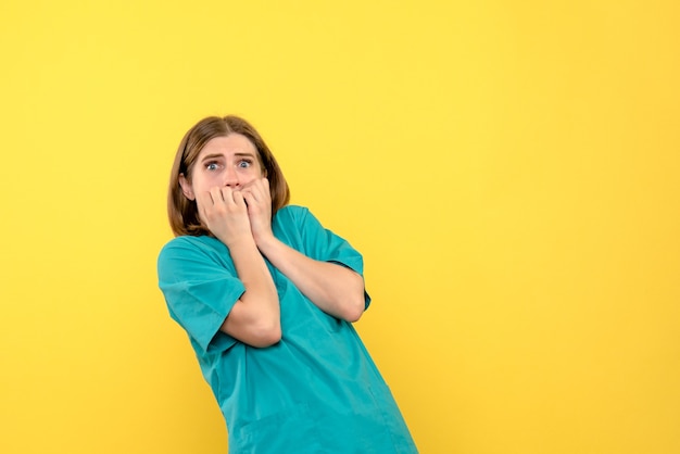 Front view of female doctor with scared face on yellow wall