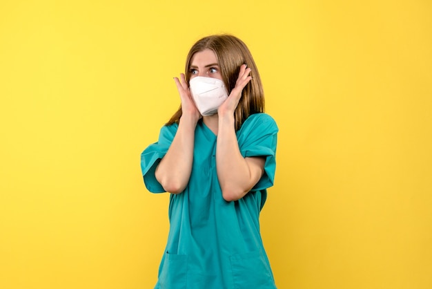 Front view of female doctor with sterile mask on yellow wall