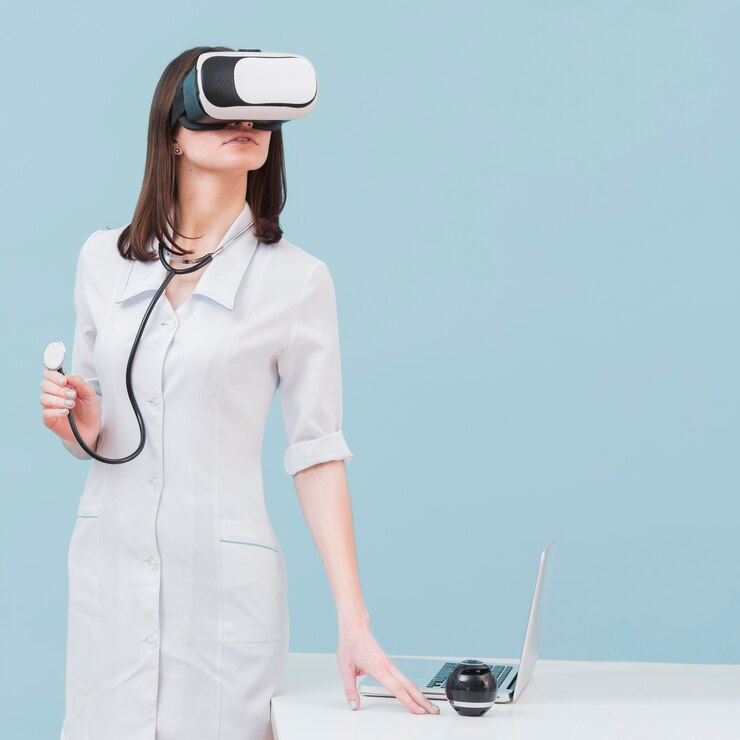 Free Photo front view of female doctor with virtual reality headset and stethoscope