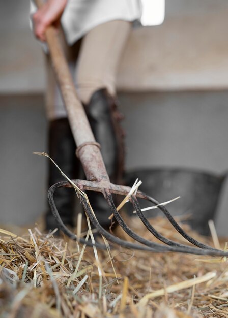 Front view of female farmer cleaning hay from horse stables