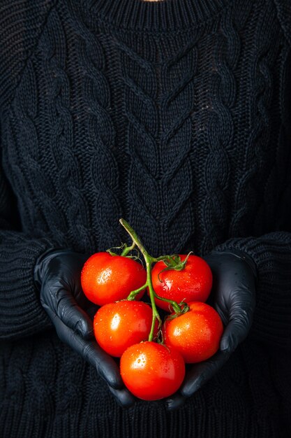 토마토 가지를 들고 검은 장갑과 전면보기 여성 손