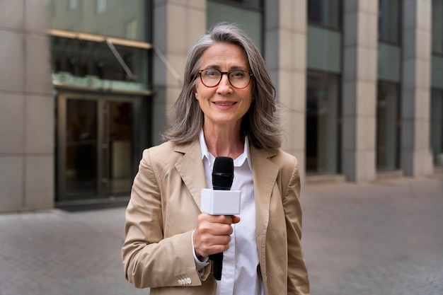 Front view female journalist taking an interview