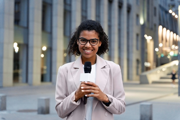 Front view female journalist taking an interview