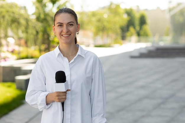 Front view female journalist with copy space