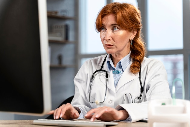 机の上のコンピューターで物事を探している女性医師の正面図
