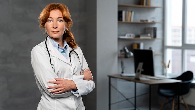 Вид спереди женщины-врача со стетоскопом, позирующей в офисе