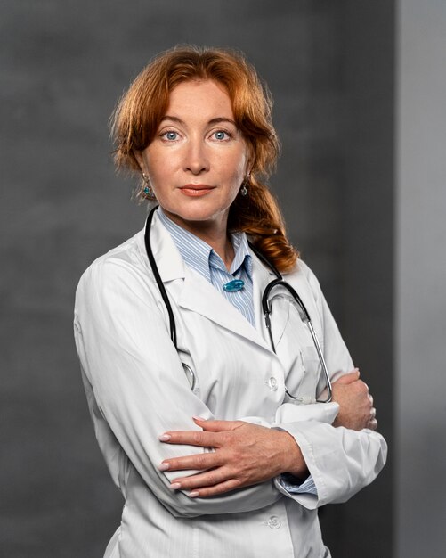 Front view of female physician with stethoscope posing with arms crossed