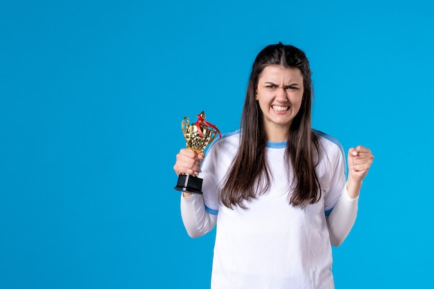 Front view female player with trophy