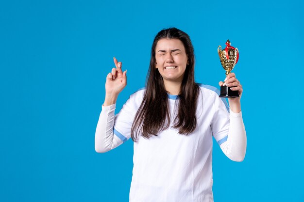 Front view female player with trophy