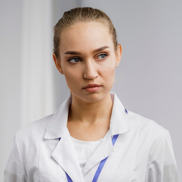 Front view of female researcher in lab coat