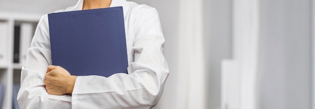 Front view of female researcher with clipboard and copy space