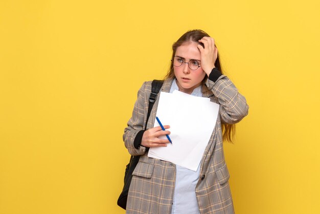 Front view of female student with files