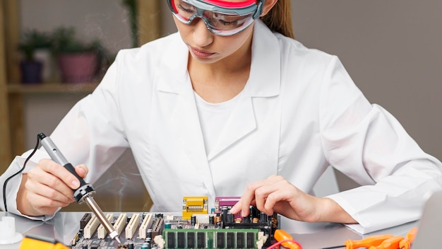 Foto gratuita vista frontale del tecnico femminile con saldatore e scheda elettronica