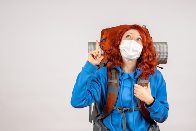 Free photo front view female tourist in mask with backpack