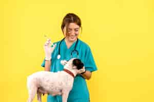 Free photo front view of female veterinarian injecting little dog on yellow wall