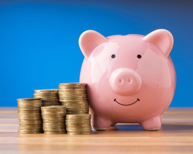 Front view finance elements with pink piggy bank