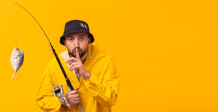 Free Photo front view of fisherman holding fishing rod with catch and making silence sign