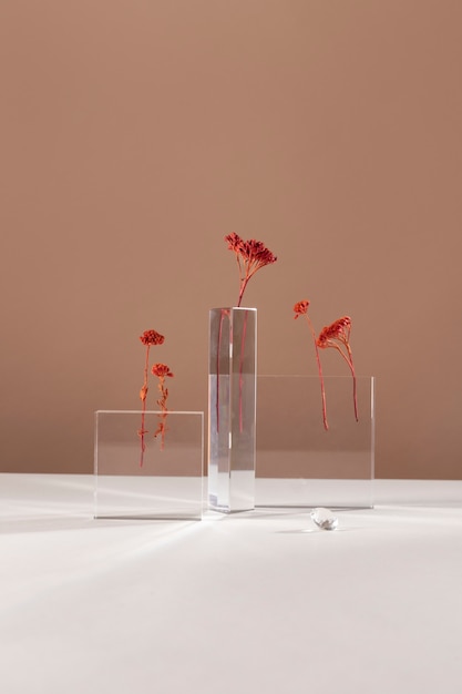 Front view of flowers decor in transparent stands with copy space