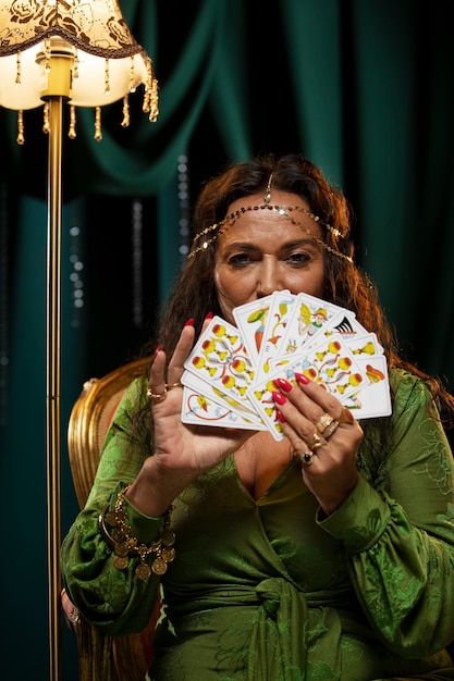 Front view fortune teller holding tarot cards