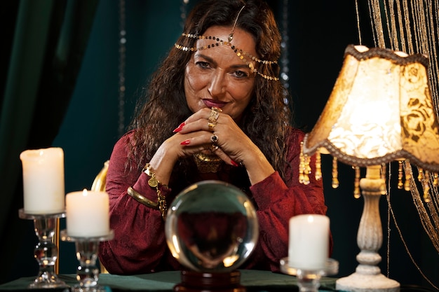 Free photo front view fortune teller sitting at table