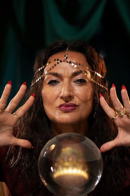 Free photo front view fortune teller with crystal globe