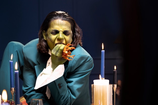 Бесплатное фото Франкенштейн, вид спереди, ест лобстера