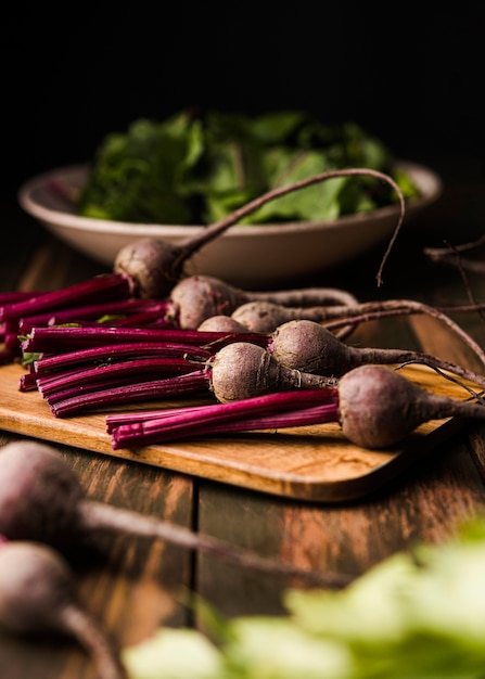 Front view fresh beet on cutting board