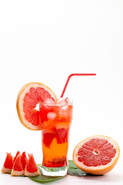 A front view fresh fruit cocktail with fresh fruit slices ice cooling on white, drink juice cocktail fruit color